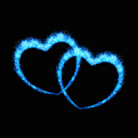 Blue fire burning two heart shapes on black background, flaming love symbol, realistic fiery rings with tongues of flameのイラスト素材