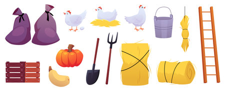 A set of barn items, chicken, sack, hay, ladder, vegetables, tools, and a fence.のイラスト素材