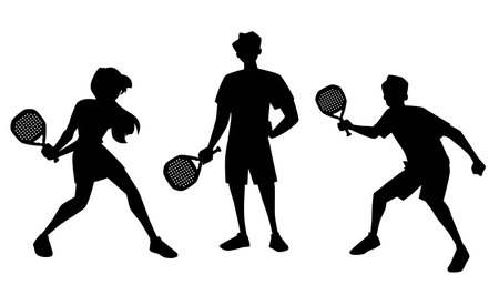 A set of black silhouettes of women and men moving with rackets.のイラスト素材