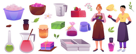 Making handmade natural soap theme illustrations vector set, bathing aromatherapy cosmetic product workshop collectionのイラスト素材
