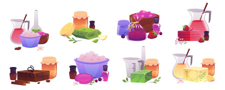 Bowl with soap ingredients, perfume liquid, flowers and berries composition vector set, handmade natural soap workshopのイラスト素材