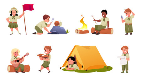 Scout children camp in nature vector set, camping scenes isolated on white, tent and campfire, playing guitar, exploringのイラスト素材