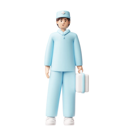 A 3D figurine of a doctor in a blue uniform, cap with a cross, and a briefcase.のイラスト素材