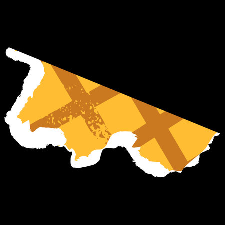 Cut out of yellow paper shape with crayon lattice strokes pattern and torn edge paper piece, vector abstract strips artのイラスト素材