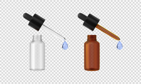 Realistic amber and transparent glass bottles with dropper caps mockup vector set, container pipette with essence dropのイラスト素材