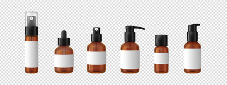 A set of realistic amber bottles with various dispensers and blank white labels.のイラスト素材