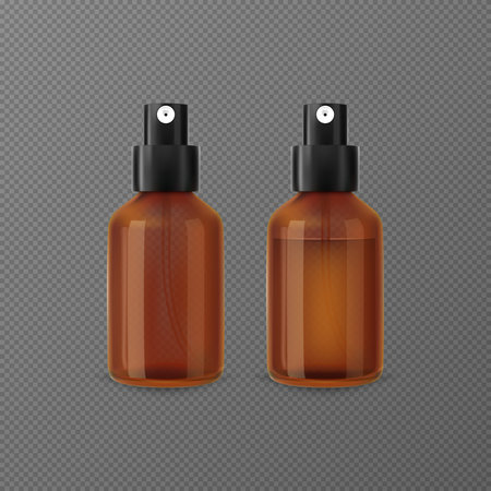 Realistic amber glass spray bottles empty and filled vector mockup, brown dispensers with spray nozzles, aerosol packageのイラスト素材