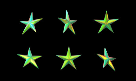 Green holographic sparkle star 3D vector animation set, Y2K iridescent five-pointed star effect,...