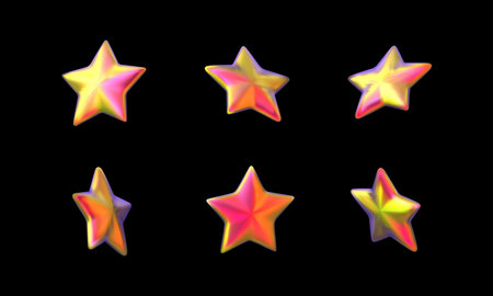 Iridescent star vector 3D animation set, holographic red orange space galaxy emoji, sparkle element,...