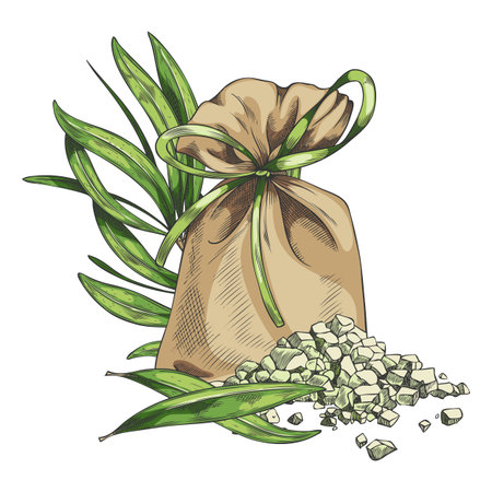 A tied canvas pouch with tea tree leaves and scattered salts, hand-drawn watercolor sketch.のイラスト素材
