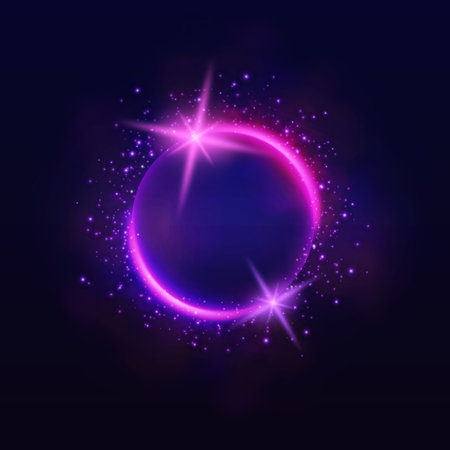 Purple neon halo sphere with pink round frame of smoke and sparks, vector glowing ring with luminous on dark backgroundのイラスト素材