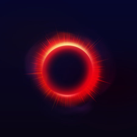 Red circles neon halo with smoke and rays, glowing ring with bright luminous on dark background, vector planet eclipseのイラスト素材
