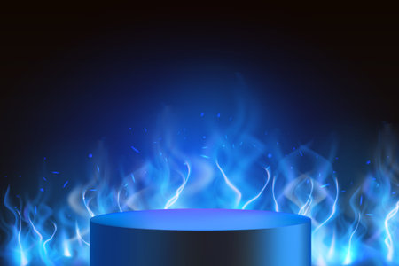 Podium round stand on blue fire burning background black, flaming pedestal, realistic vector fiery pedestal showcaseのイラスト素材