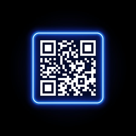 A square, black and white QR code with a bright blue neon glowing frame on a black background.