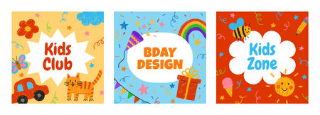 Kids club poster, Birthday design vector greeting card, crayon kids drawings, cartoon pencil artwork for kindergartenのイラスト素材