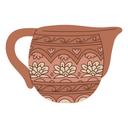 Elegant traditional Asian kettle, teapot, vector vintage oriental porcelain tableware with brown floral pattern drawingのイラスト素材
