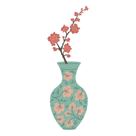 Elegant traditional Asian vase with Sakura branch or cherry tree, vector vintage oriental pottery with floral ornamentsのイラスト素材