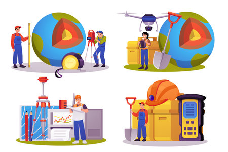A set of surveyors with equipment, planet Earth, a shovel, a hard hat, and a total station.のイラスト素材