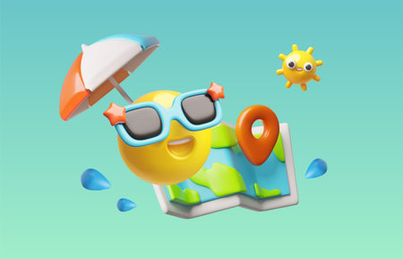 Time to travel, enjoy summer time 3D vector banner design, cartoon smiley emoticon in sunglasses,...