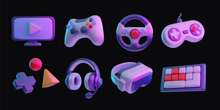 Realistic gamepad, headphones, vr glasses, computer keyboard 3D plastic style vector icon set, game...