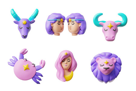 Horoscope zodiac symbols 3D cartoon plastic style vector set, astrological Capricorn, Taurus, Lion, Virgo, Cancer Geminiのイラスト素材
