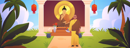 Thai Monk in traditional robe standing near the Buddhist temple with altar worshiping Buddha vector flat illustrationのイラスト素材