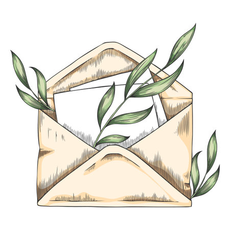 Open envelope with leaves vector sketch, hand drawn paper letter envelope, postal mail message...