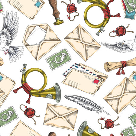 Envelope letter, dove, wax seal, postage stamp with post horn and feather pen sketch, vector hand drawn seamless patternのイラスト素材