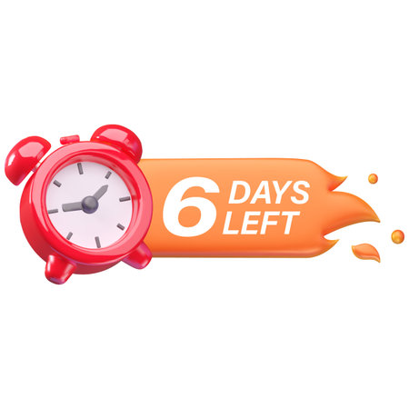 An orange flame icon with a red alarm clock and the caption 6 days left. 3Ð´