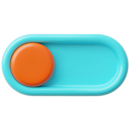 A 3D slider switch icon with an orange button in a blue housing, facing left.