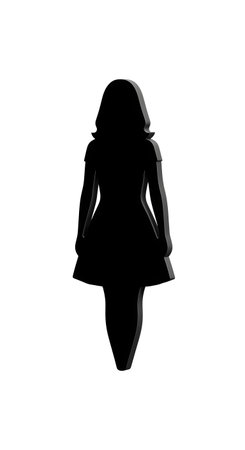A striking 3D rendering of a woman's silhouette from behind, featuring a black figure with gray beveled edges that create depth, isolated on a clean white background.の素材