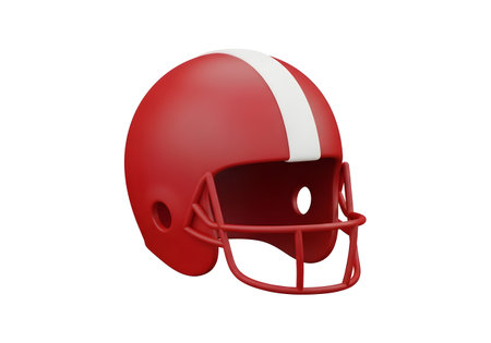 A striking 3D render of a classic red American football helmet, featuring a bold white center stripe and matching facemask. Isolated on a pure white background for clear focus.の素材