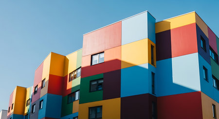 A vibrant architectural design featuring a building with multi-colored square blocks, creating a visually striking facade against a bright sky.の素材