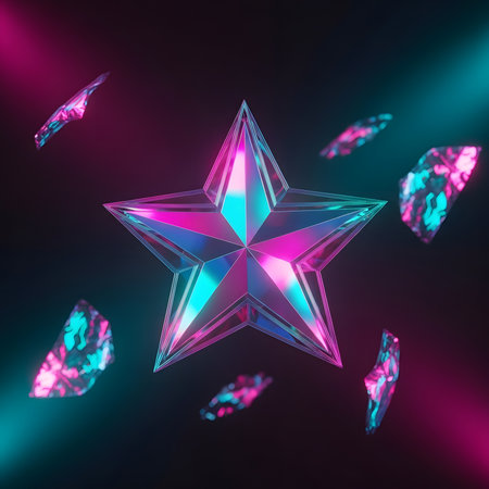 A vibrant, glowing star graphic with a 3D effect. Surrounding the star are fragments of light, creating a dynamic and energetic composition.の素材