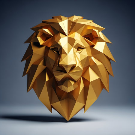 A striking, low-poly sculpture of a lion's head rendered in polished gold, set against a dark, moody background with subtle shadows.の素材