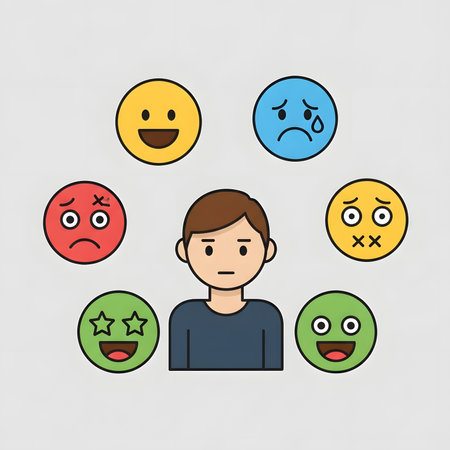 Vector illustration of a person with a neutral expression surrounded by various emoticons like happy, sad, angry, and surprised. Concept for emotions, mood, and mental health.の素材