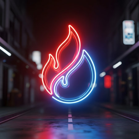 A vibrant neon sign shaped like a flame illuminates a dark, wet city street, reflecting the red and blue lights.の素材