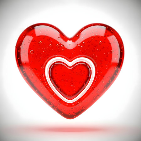 A striking 3D rendered image of a translucent red heart featuring a smaller, white-outlined red heart nested within. The glossy surface reflects light, creating a vibrant and romantic symbol.の素材