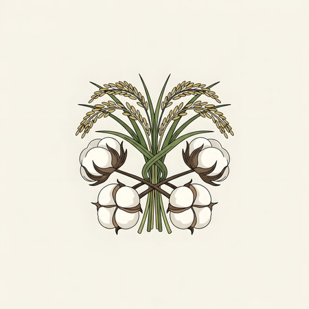 Symmetrical design of cotton and rice plants. A detailed illustration of cotton bolls and rice stalks arranged in a balanced pattern.の素材