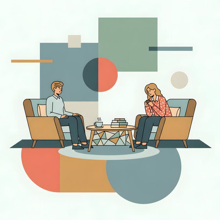 Illustration of a therapy session where a patient shares their feelings with a therapist in a modern setting with abstract shapes, symbolizing mental health support.の素材