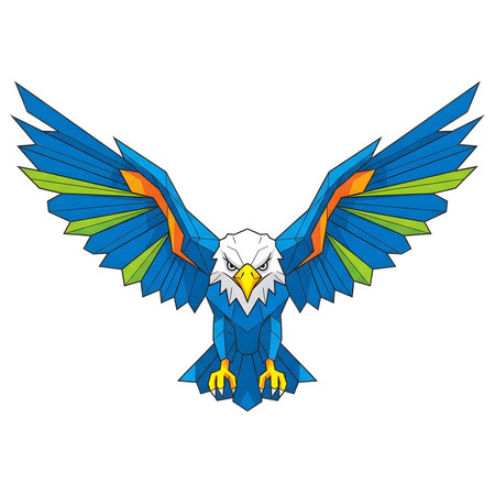 A powerful illustration of a fierce eagle with its wings fully extended. The design features a modern, geometric, low poly style with vibrant blue, orange, and green colors.の素材