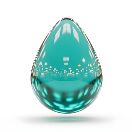 A close-up shot of a transparent, teal-colored water droplet, showcasing its reflective surface and smooth texture.の素材
