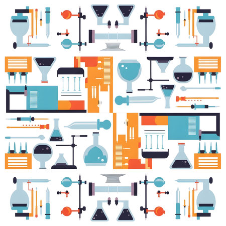 Colorful, flat design illustration of various science lab equipment arranged in a symmetrical pattern.の素材