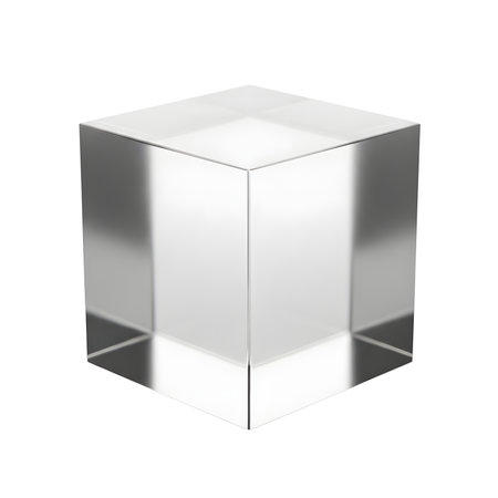 Clear acrylic cube isolated on white background, perfect for product display or abstract design.の素材