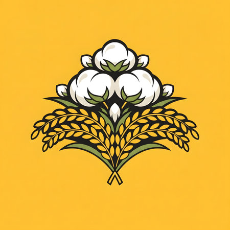 A symmetrical graphic design featuring a bouquet of white cotton bolls and golden wheat stalks. This clean vector illustration is suitable for agricultural or textile branding.の素材