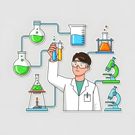 A cartoon illustration of a male chemist in safety goggles holding test tubes surrounded by laboratory equipment like microscopes beakers and flasks for scientific research.の素材