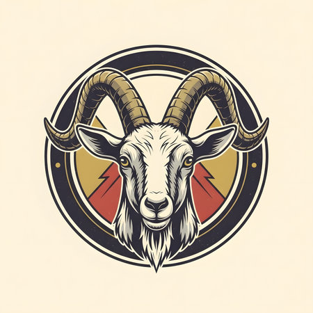 Vector illustration of a majestic goat head with large horns, framed in a circular badge. A stylized mountain and forest landscape is in the background. Retro mascot design.の素材