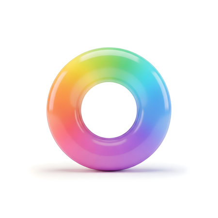 A glossy 3D rendered ring featuring a smooth rainbow color gradient, isolated on a clean white background. This modern abstract design is vibrant and eye-catching.の素材