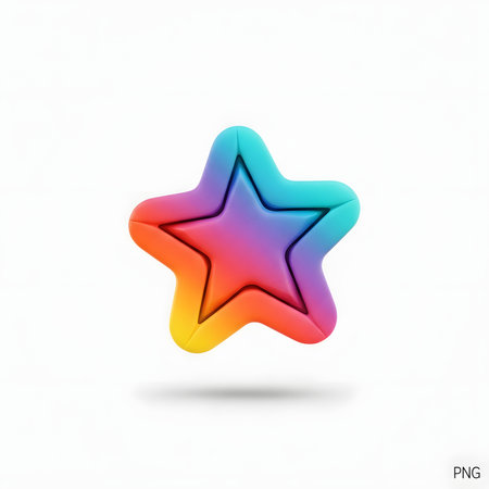 A vibrant three dimensional star icon featuring a smooth rainbow gradient from purple to red. It has soft, rounded edges and casts a subtle shadow, giving it a floating effect on a white background.の素材