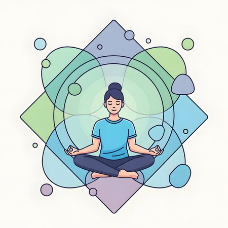 Meditating woman in lotus pose with geometric shapes, representing inner peace and mindfulness.の素材